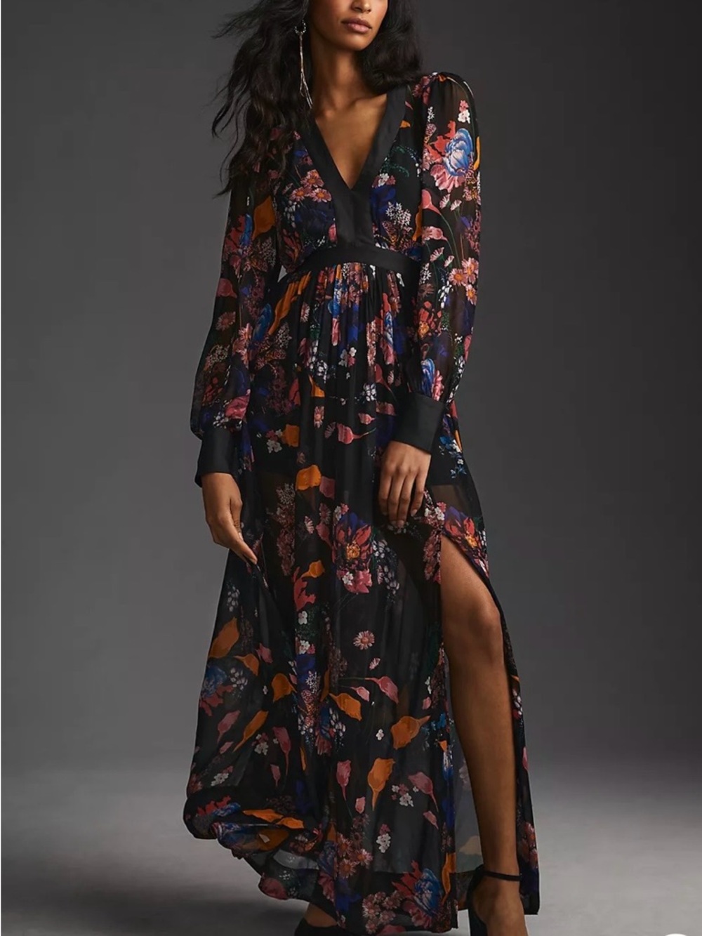 Maeve Black Floral V-Neck Maxi Dress with Multicolor Print Size 6US